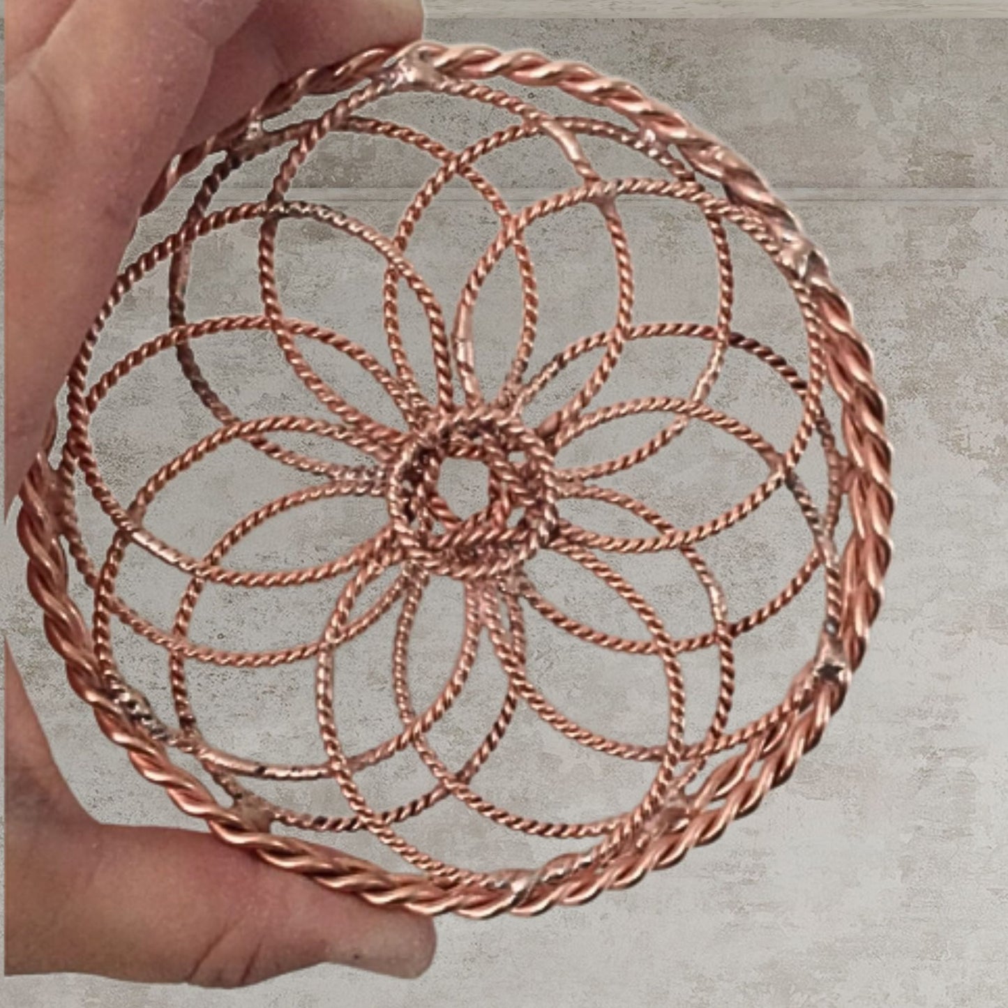 hand holding Tube Torus EMF Catcher copper plate