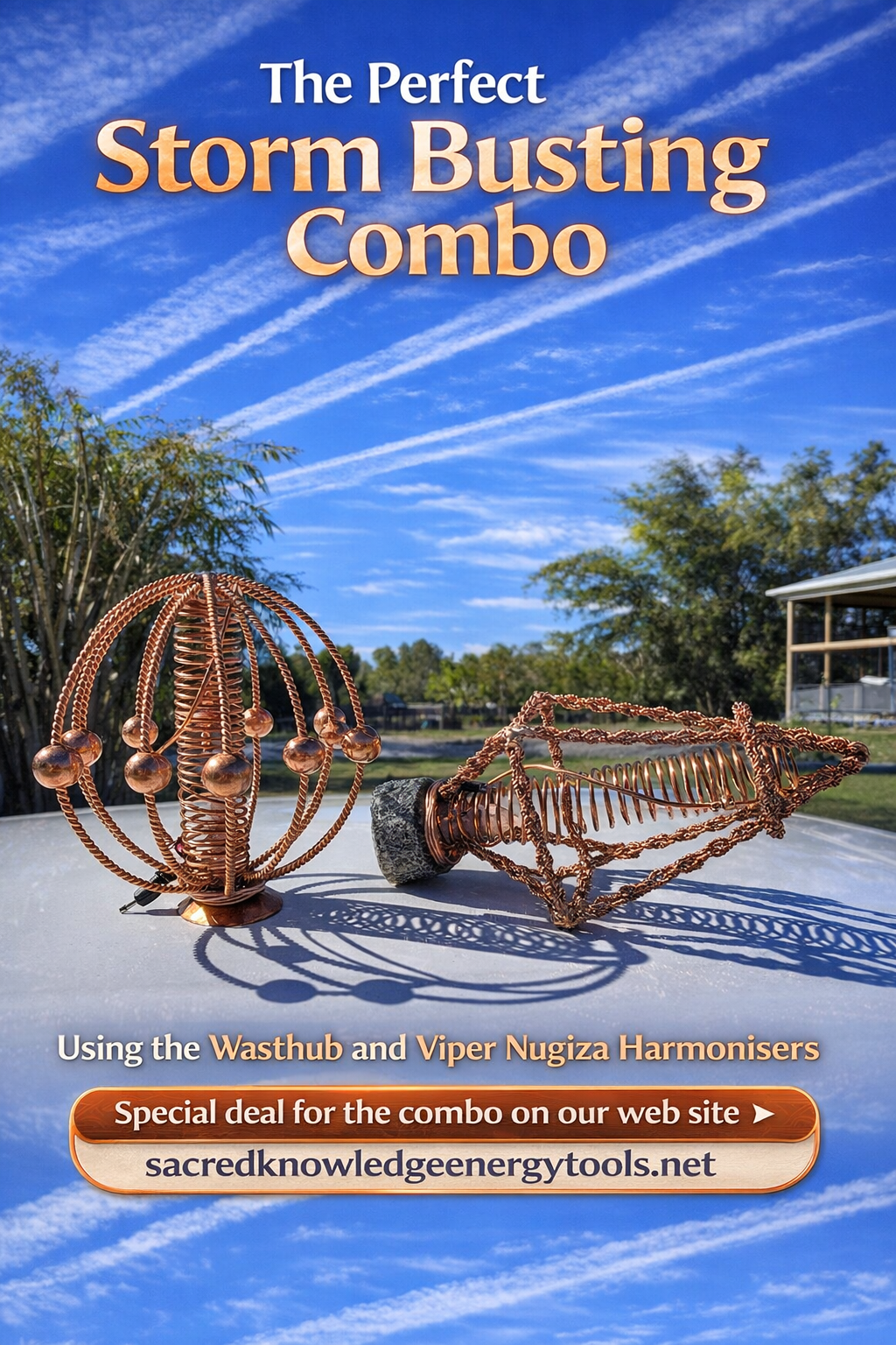 Metallic sculpture against a blue sky with trees and building