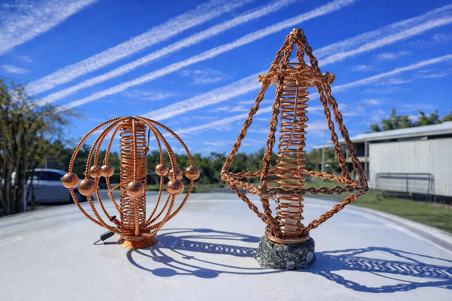 Two copper wire sculptures on a concrete surface with a blue sky and trees in the background.