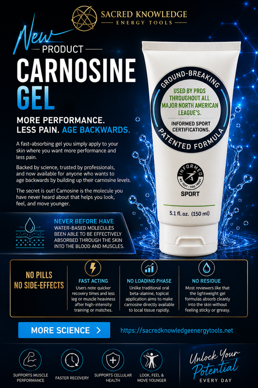 Carnosine Gel, featuring a white squeeze tube with a blue and black label, surrounded by marketing text, icons, and a dark blue background with water-like effects.