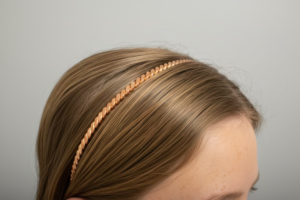 Person wearing a beaded headband with a neutral background