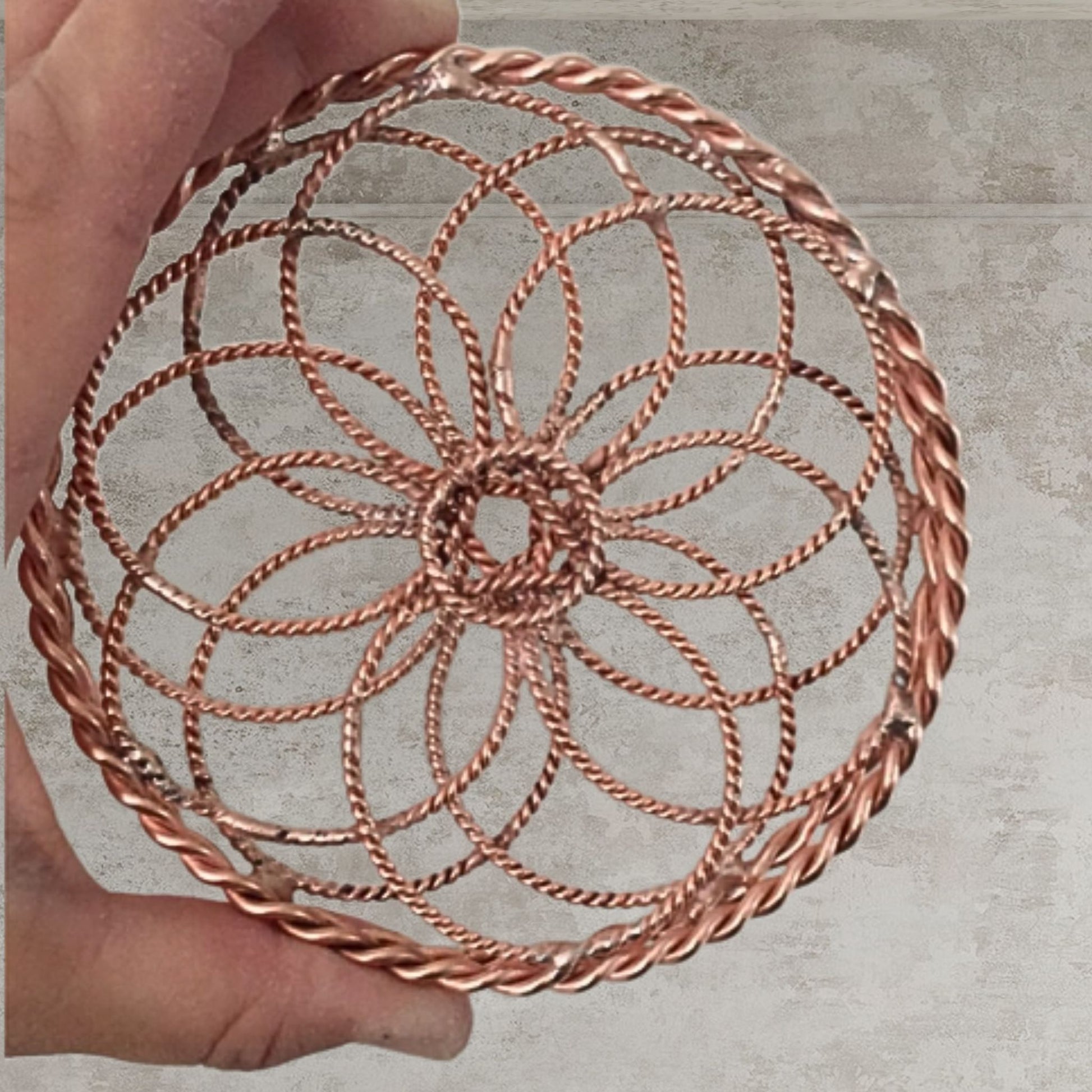 hand holding Tube Torus EMF Catcher copper plate
