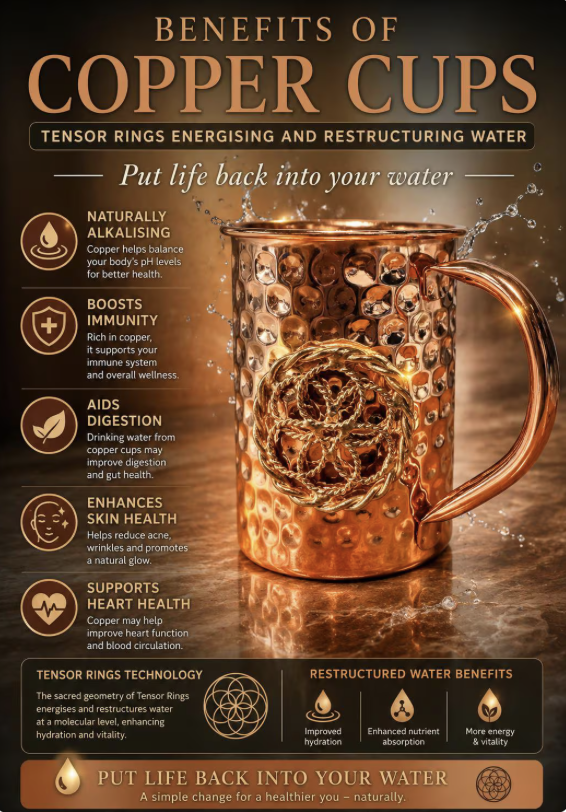 Copper cup with benefits listed on a dark background