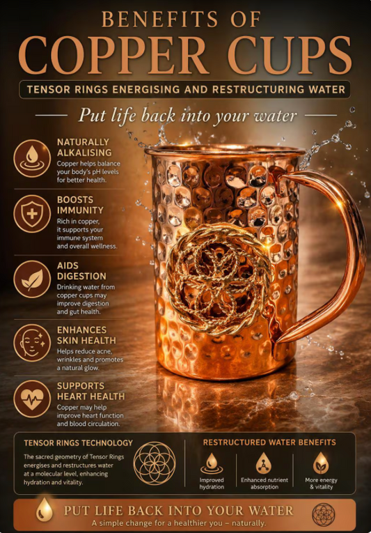 Copper cup with benefits listed on a dark background